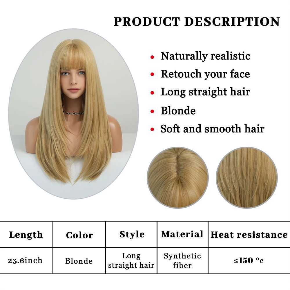Syntetiska peruker blonda långt rakt hår peruk kvinnor med lugg värmebeständig syntetisk halloween rollspel dagligen naturlig Q240427