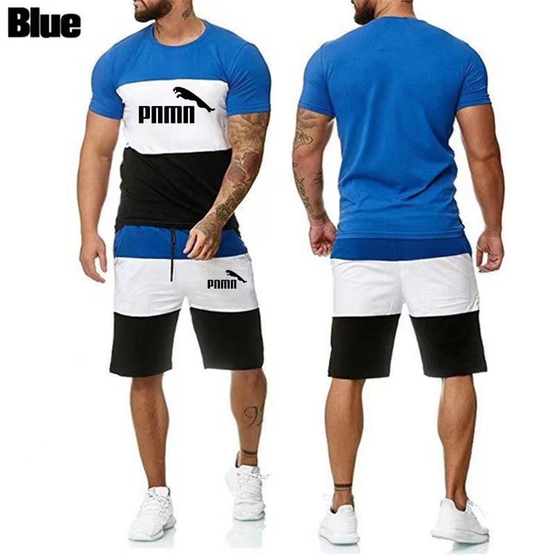 2024 foreign trade summer men's plus-size leisure sports breathable thin suit men's color matching T-shirt set in stock