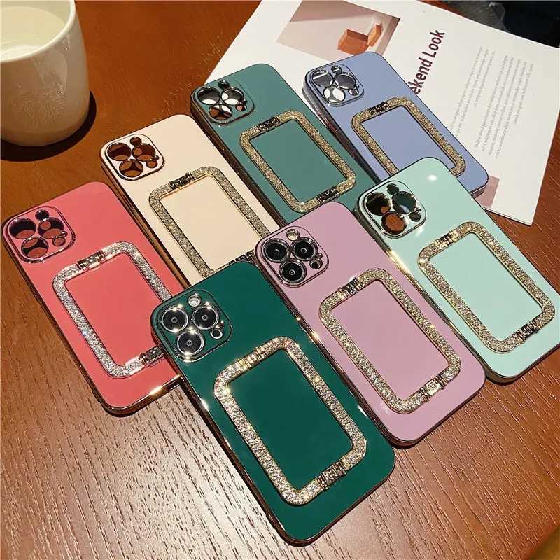 Cell Phone Cases 3D Diamond Crystal Square Stand Gold Plated Phone Case Suitable for iPhone 14 12 Pro Max MiNi 11 13 Pro X XS XR 7 8 Plus SE Back Cover J240426