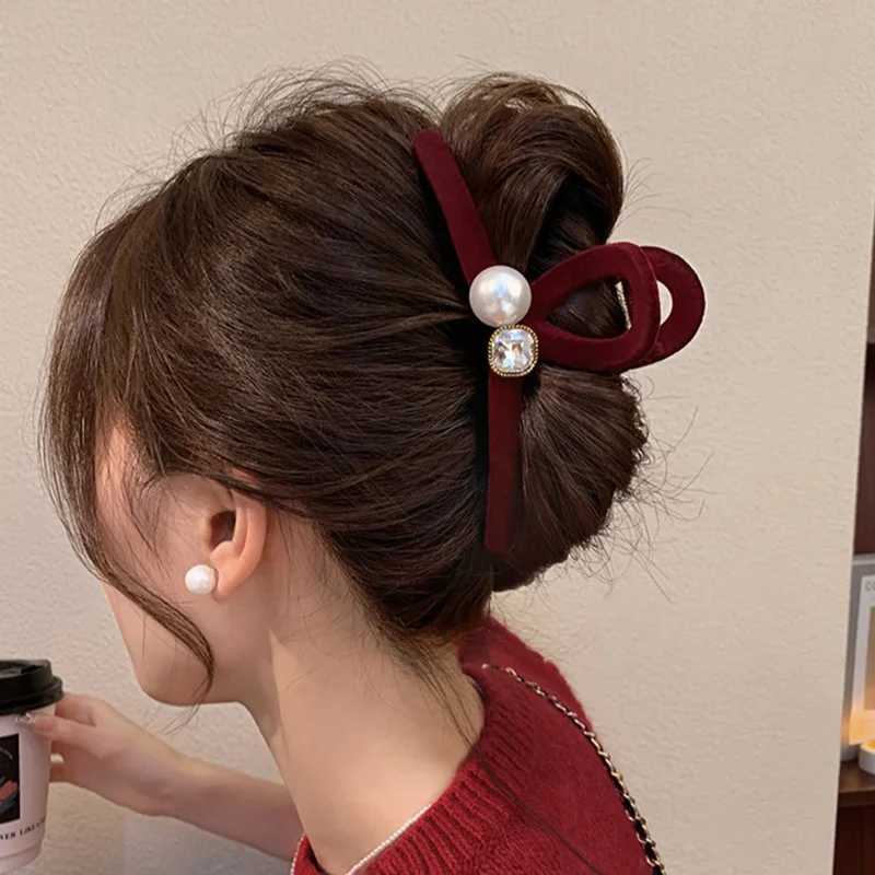 ヘアクリップバレット13cmベルベットパールクリップレディースウォーターダイヤモンドクローエレガントガールヘッドウェア