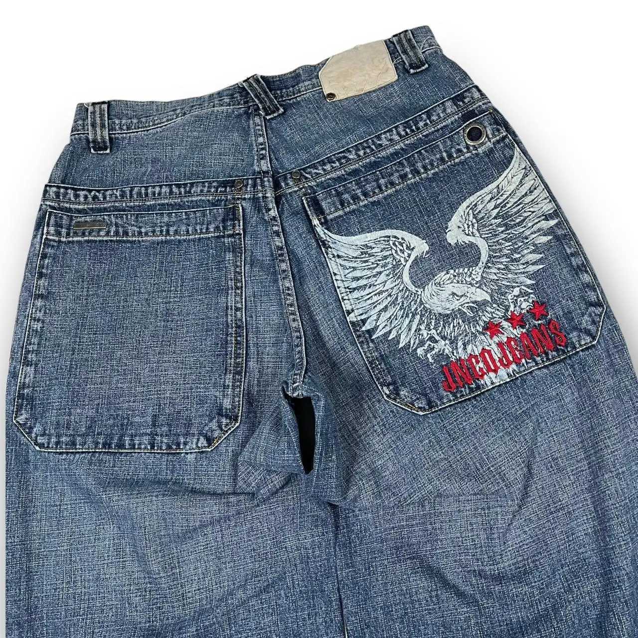 Streetwear jeans maschile jnco gambe larghe uomini y2k hip hop harajuku aeagle ricamato pantaloni di jeans vintage sacchetti casual pantaloni in vita alta nuovo q240427
