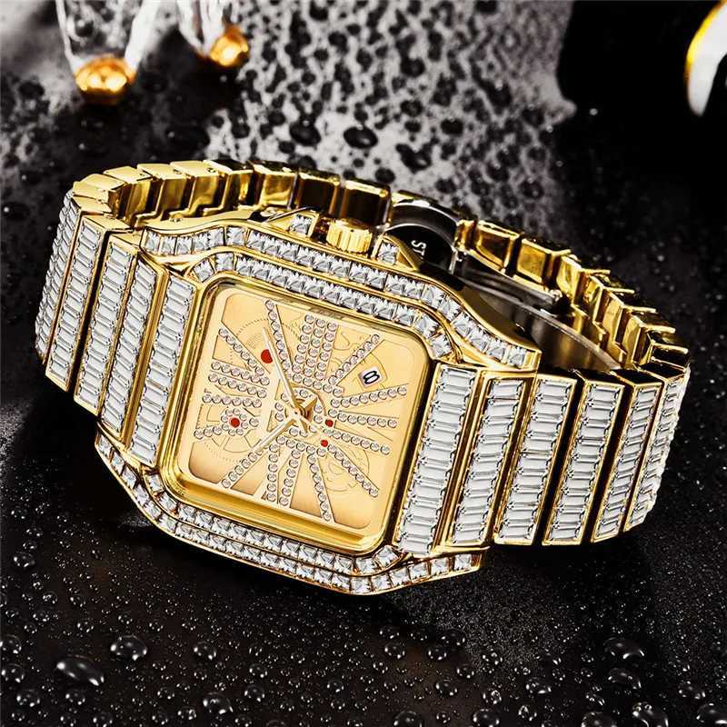 Montre-bracelets Big Brand Diamond ES pour mâle MONTRE HOMME FASHION ALLIAG Band Hip Hop Golden Date Quartz Relojes Lujo Marcas Men 2024 Q240426