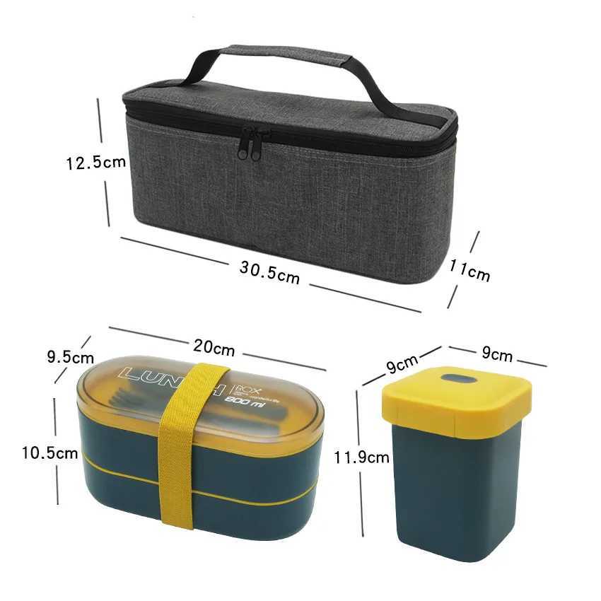 Bento-lådor Nytt dubbelskikt hälsosamt material Lunchlåda med gaffel och sked Mikrovågsugn.