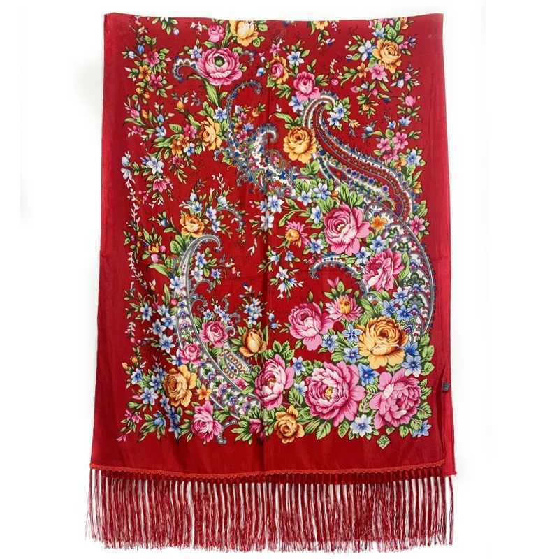 Shawls Russian National Scarf Women Floral Print Bandana Shawl Ethnic Fringed Handkerchief Babushka Hijab Head Wraps Pashmina d240426