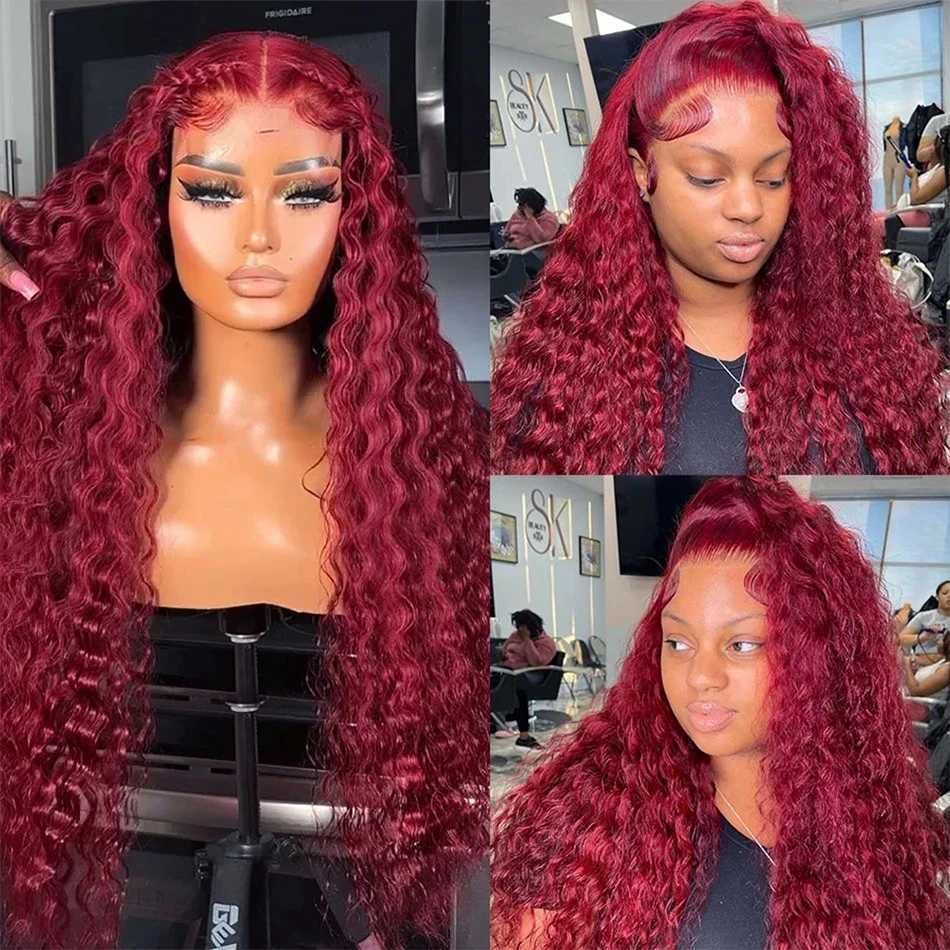 Synthetic Wigs 200 density 13x4 deep curly lace front wig 99J Burgundy 30 32 inches red HD wave human hair Q240427
