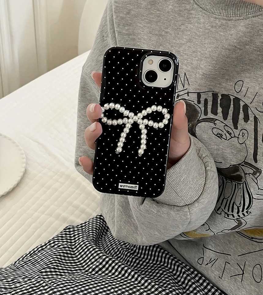 Cell Phone Cases Ins Sweet Black White Wave Point Stereoscopic Pearl Bowknot Cover Case For iPhone 15 14 13 12 11 Pro Max Phone Case J240426