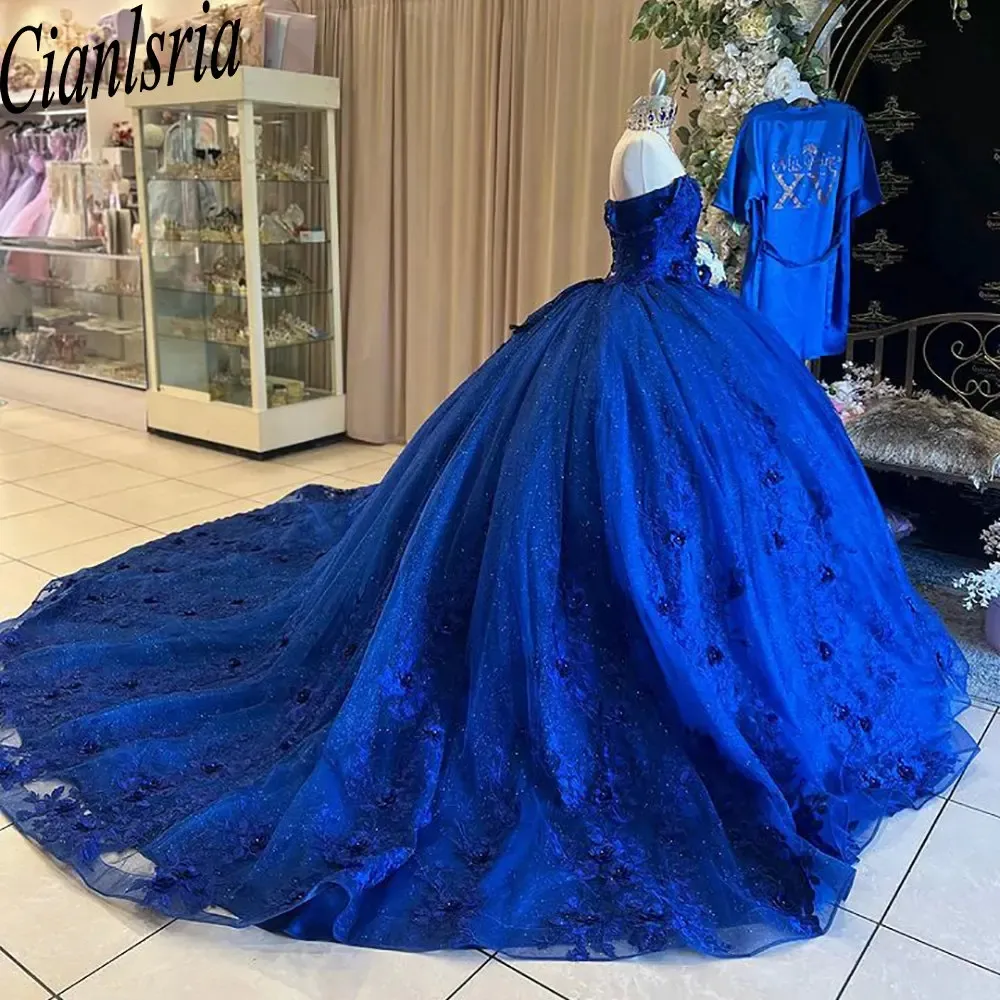 Royal Blue Glitter Crystal 3D Flowers Quinceanera Dresses Ball Gown Off The Shoulder Appliques Lace Princess Sweet 15 Birthday