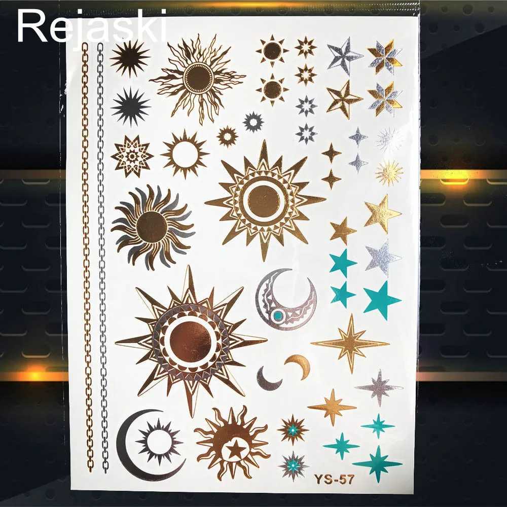 Tattoo overdracht gouden zon maan metallic waterdichte tattoo bloemenmeisje hand Tijdelijke tattoo sticker star body art flash nep tatto armband vrouwen 240427