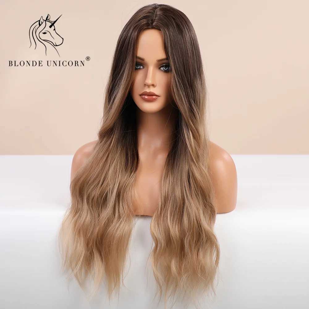 Synthetische pruiken goudharige eenhoorn synthetische pruik Ombre blond blond bruin lang gesplitste haar dames natuurgolf warmtebestendige vezel Q240427