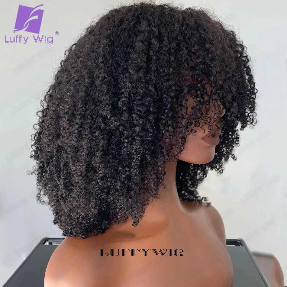 Synthetic Wigs Short African twisted curly wig with bangs human hair scalp top fully machine made Remi Brazil edge 200 density Q2404271