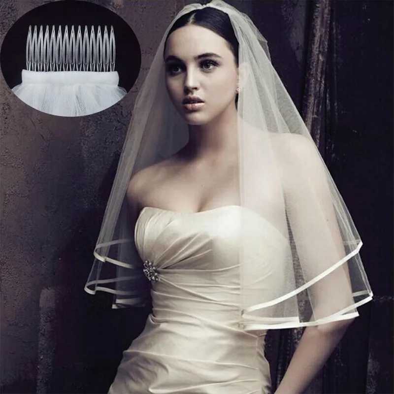 Jóias de cabelo de casamento Tulle curto Véu de noiva barato com Acessórios de casamento de venda de pente Mariage 2 camadas de marfim branco