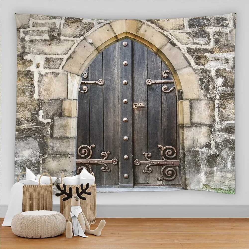 Tapestries Living Room Wall Canvas Tapestry 3D Printed Vintage Style Stone Wall Door Castle Home Bedroom Background Art Asthetic Room Decor