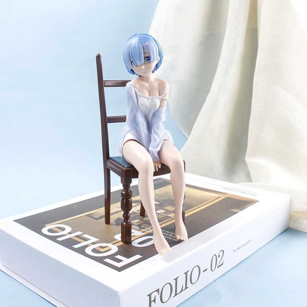 Anime manga rem ram pijamalar bir sandalyede oturan başka bir dünyada sıfır başlangıç ​​hayatı sevimli model pvc bebek oyuncak dekorasyonu 20cml2404