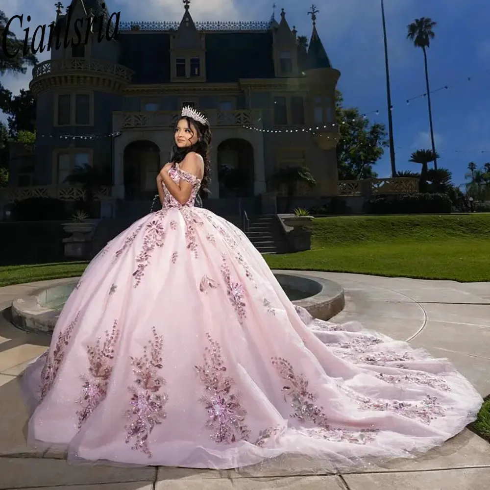 Розовый с плеча с мячом платья Quinceanera, цветочные аппликации с блестками кружево Sweet 16 vestidos de 15 Anos