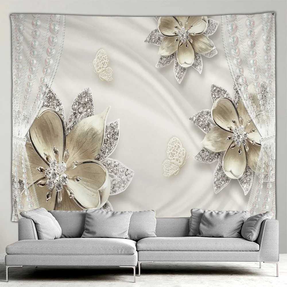 Wandteppiche elegante und modische Fantasieperlen und Diamanten Bouquet 3D -Style Tapestry Home Terrasse Wand Hänge Art Deco Aliving Room Mura