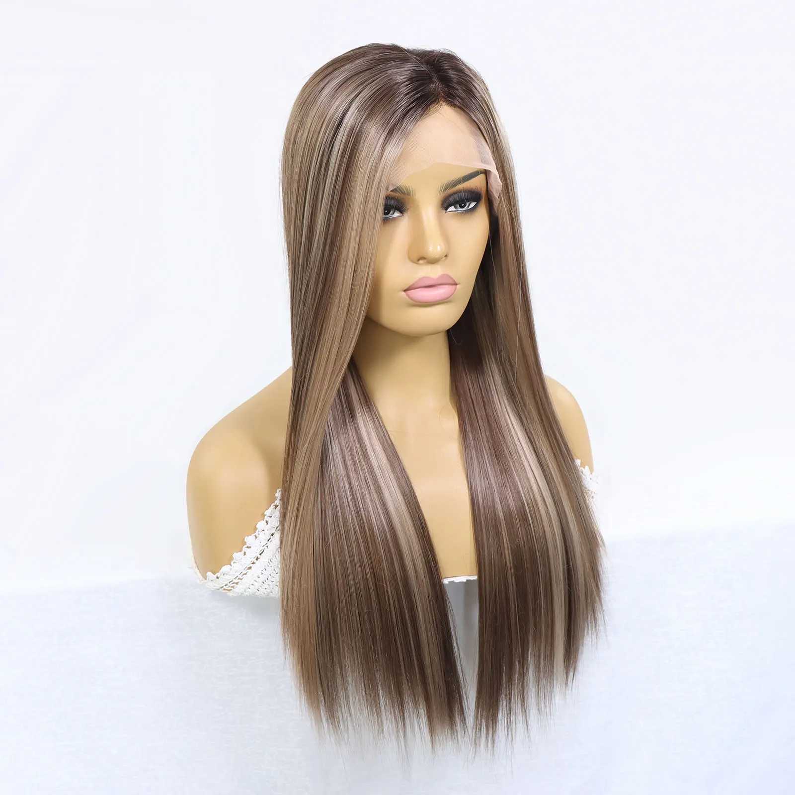 Synthetic Wigs lace front wig straight black gray brown high gloss color light wave baby hair no glue Q240427