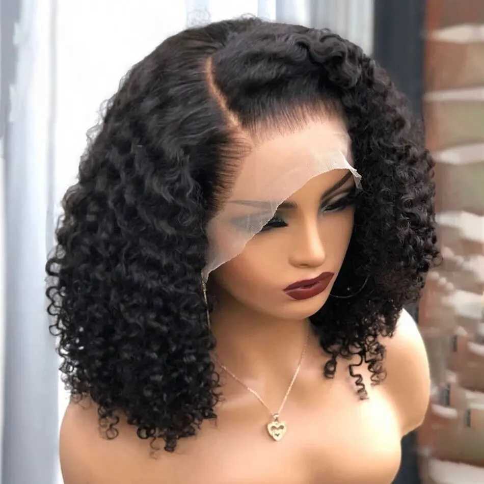 Syntetiska peruker Deep Wave 180% densitet Pre Picked Side Bob 13 * 4 Spets Front Brasilian Virgin Black Hair Wig Q240427