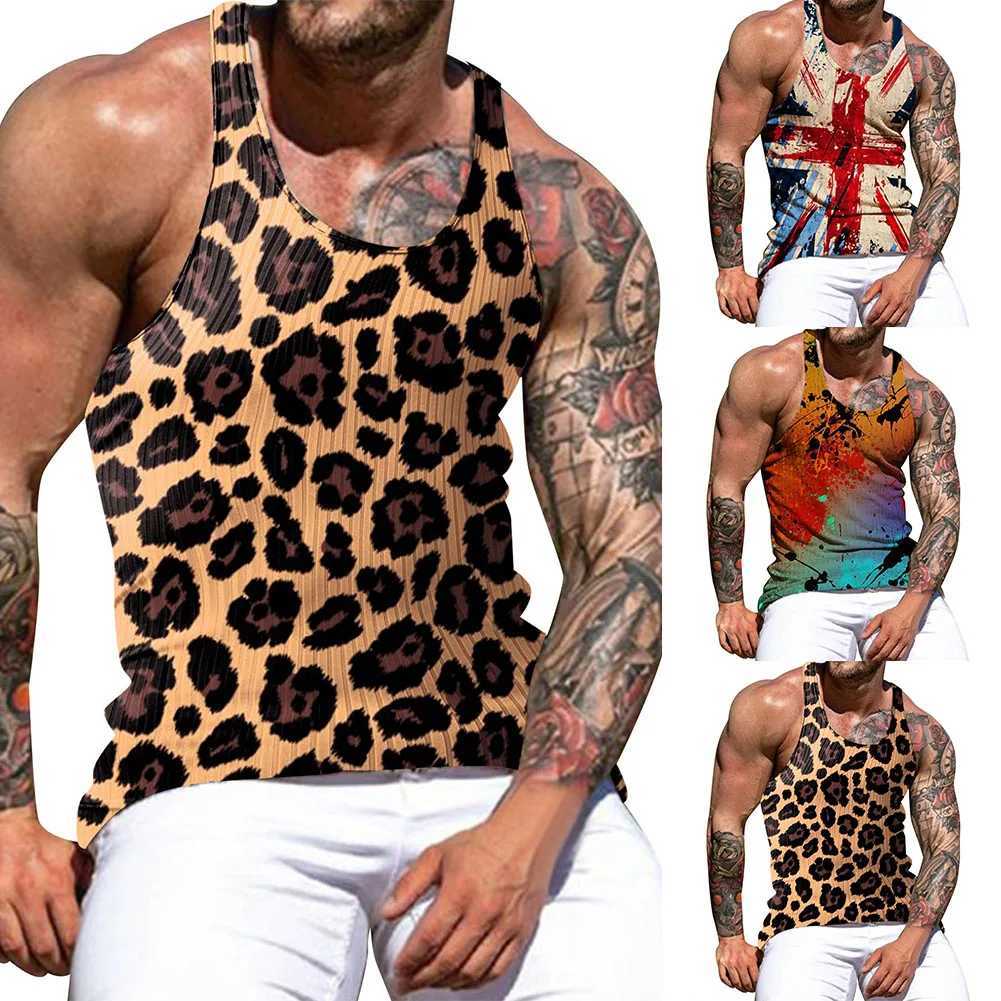 Herrtankstoppar Herr Abstrakt Leopardtryck ärmlös tank top fitness gym muskel träning fitness tank topl2404