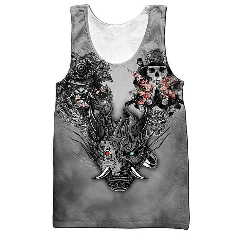 Herrtankstoppar retro japanska samurai rustning mask tatuering herrar tank top harajuku modetank topp 3d tryck ärmlös t-shirt cool lös tank topl2404