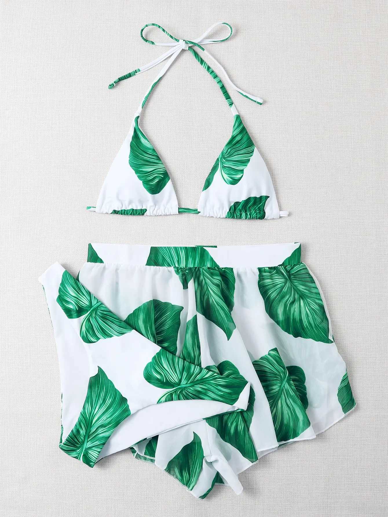 Trajes de baño para mujeres 2024 Triángulo de hojas de hojas Bikini Pantalones cortos Swimsuit para mujeres Traje de baño de baño de alta cintura