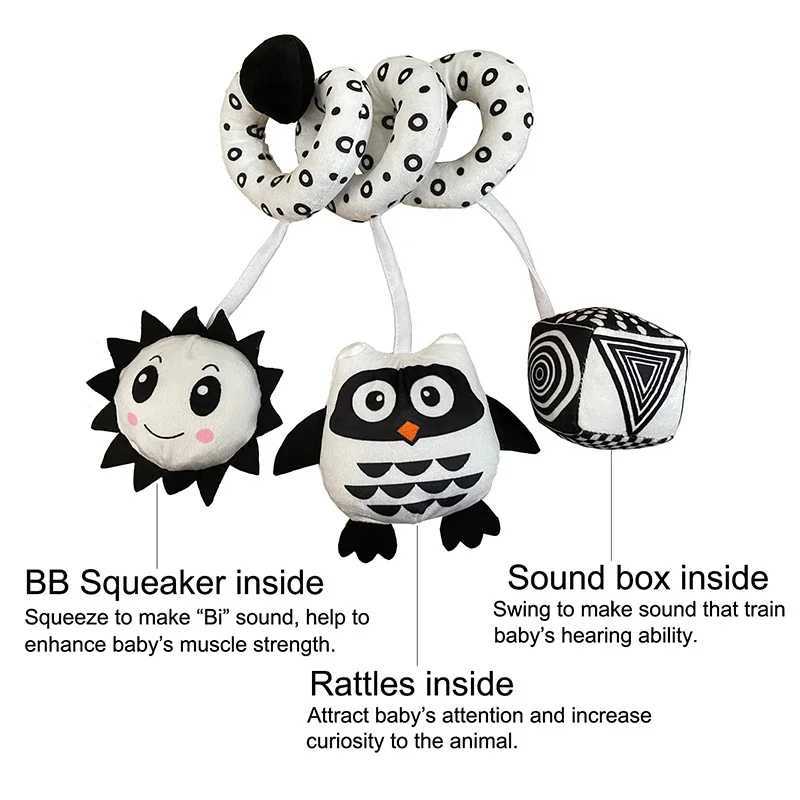 Mobiles# pendurar brinquedos berros de carro móvel infantil bebê espiral de pelúcia bar bar preto e branco brinquedo com chocalhos bb squeaker d240426