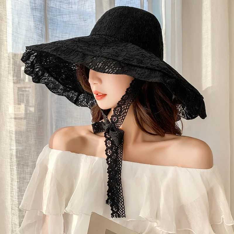 Chapéus de aba larga Balde de verão Lace Sun Hat Womens White Party Wedding Set. Praia Q240427