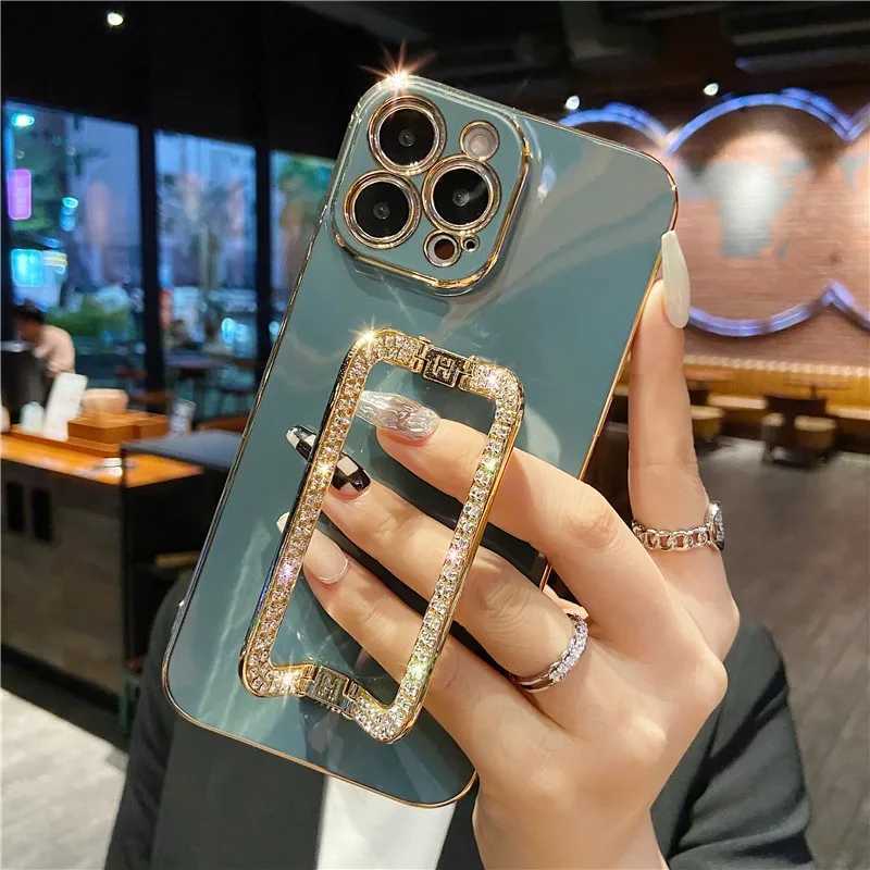 Cell Phone Cases 3D Diamond Crystal Square Stand Gold Plated Phone Case Suitable for iPhone 14 12 Pro Max MiNi 11 13 Pro X XS XR 7 8 Plus SE Back Cover J240426