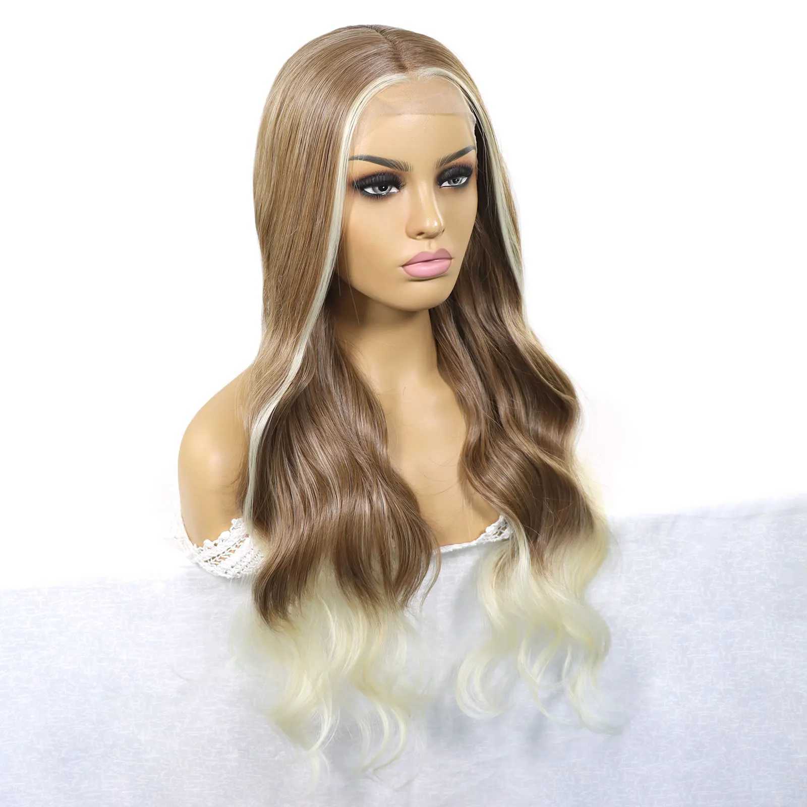 Synthetic Wigs Ombre blonde curly synthetic lace front wig suitable for women ginger brown role-playing long wave no glue Q240427