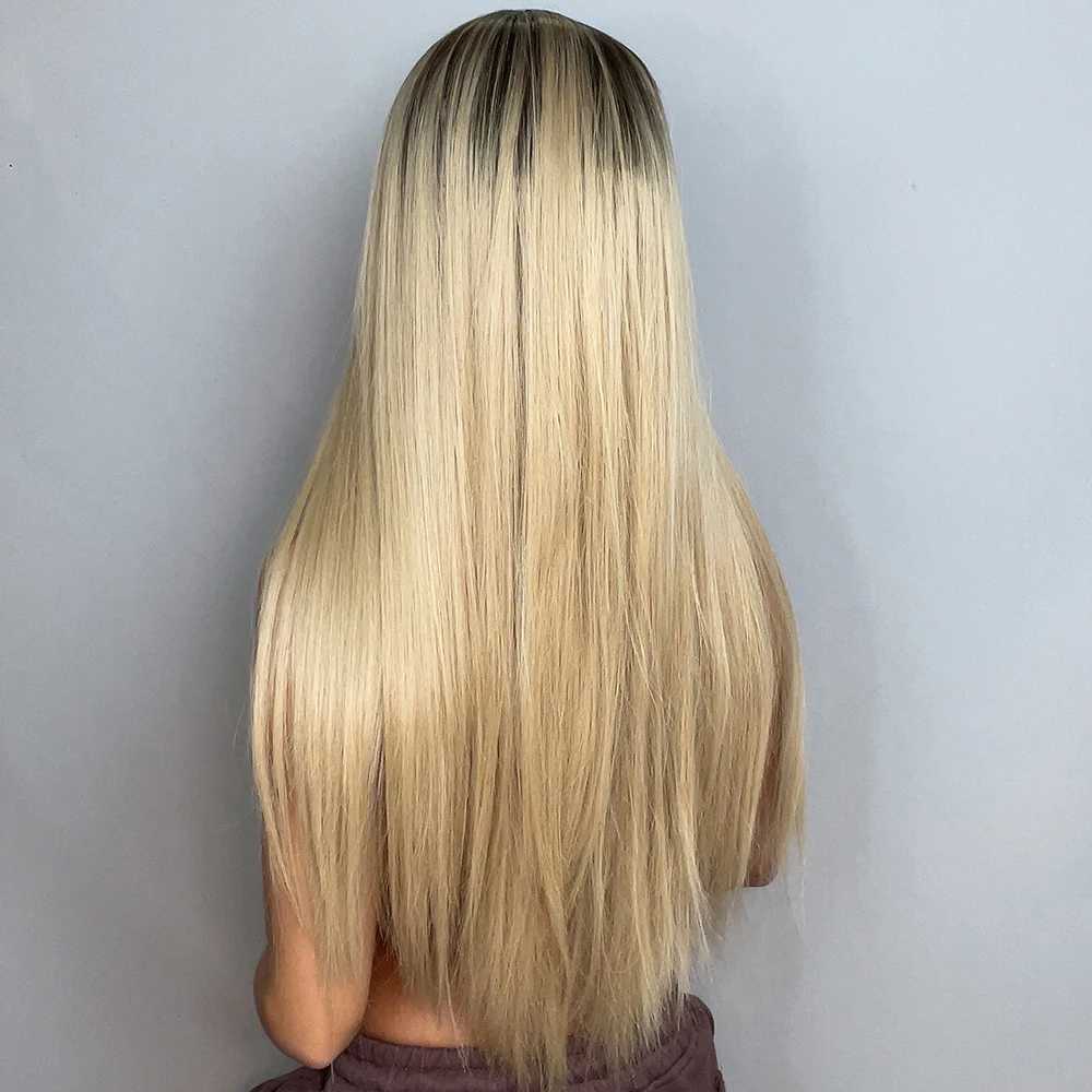 Synthetische pruiken lichtblond lange rechtbruine blond haarpruik geschikt voor witte vrouwen middelste deel rollenspel natuurlijke warmtebestendige Q240427