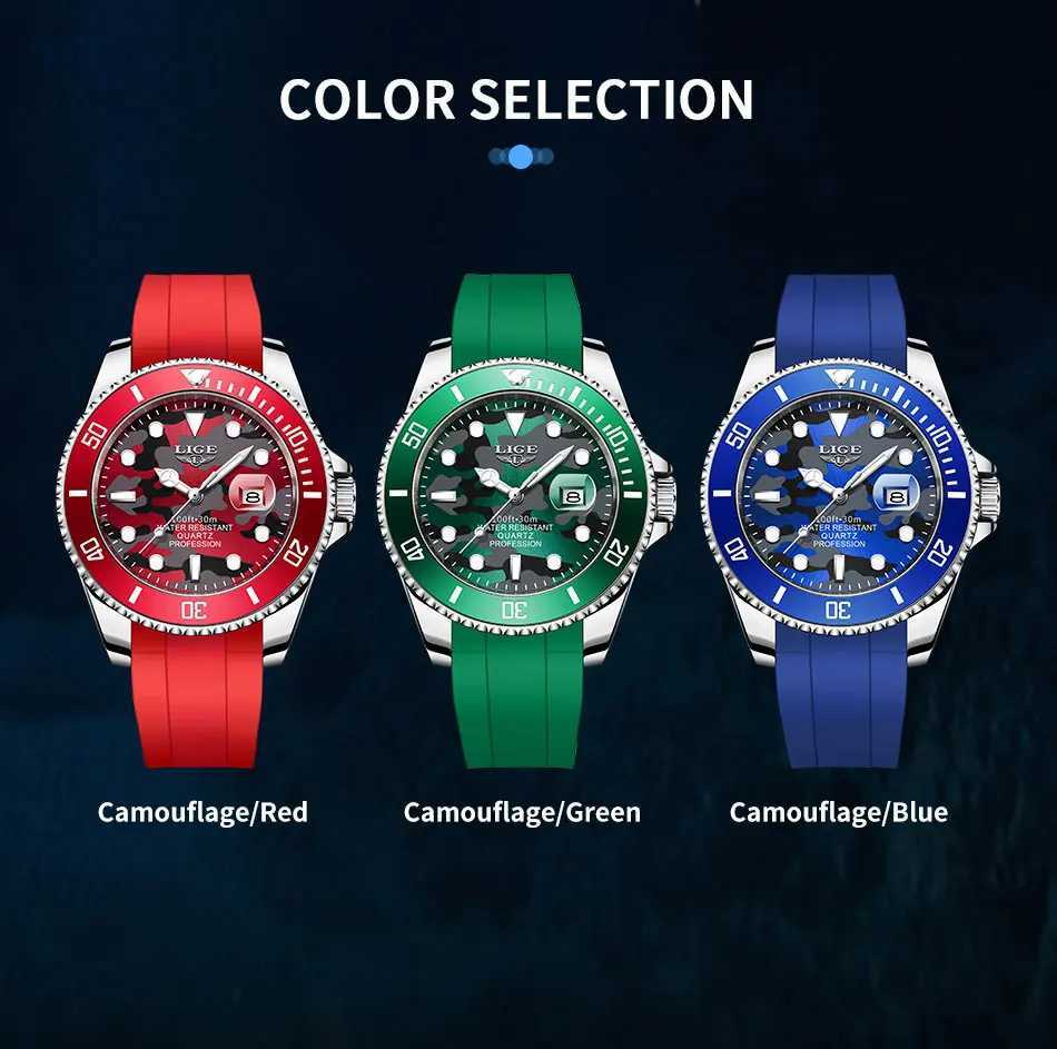 Нарученные часы Lige New Fashion Men Men Es Top Brand Luxury Camo Quartz Watch Mens Sports Red Sile Reloj Hombre Q240426