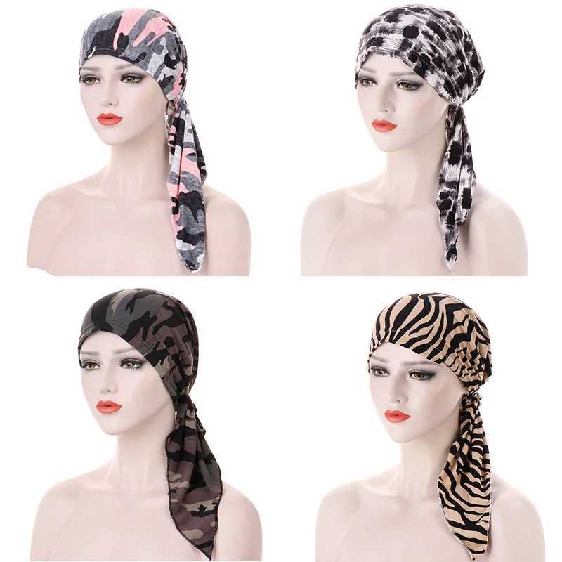 Bandanas Durag Womens elastic cotton Muslim headscarves cancer chemotherapy hats floral print headscarves hair loss headscarves 240426