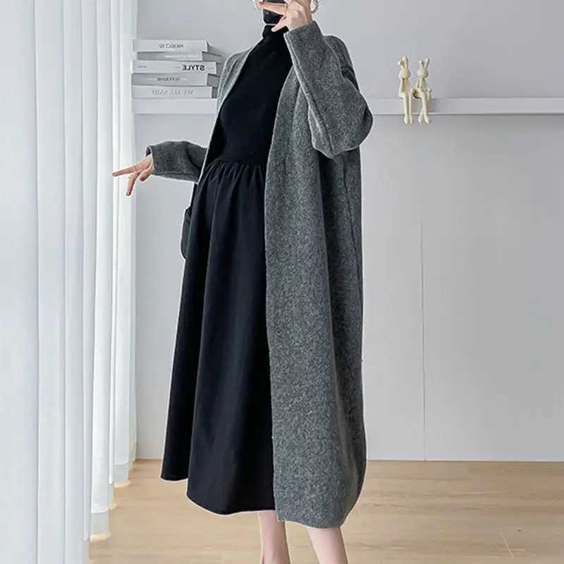 Zwangerschapsjurken Zwangere damesavondjurk Lazy Soft Rubber Cardigan Sweater Lange trui+Dunne zwarte zwangere vrouw Q240427