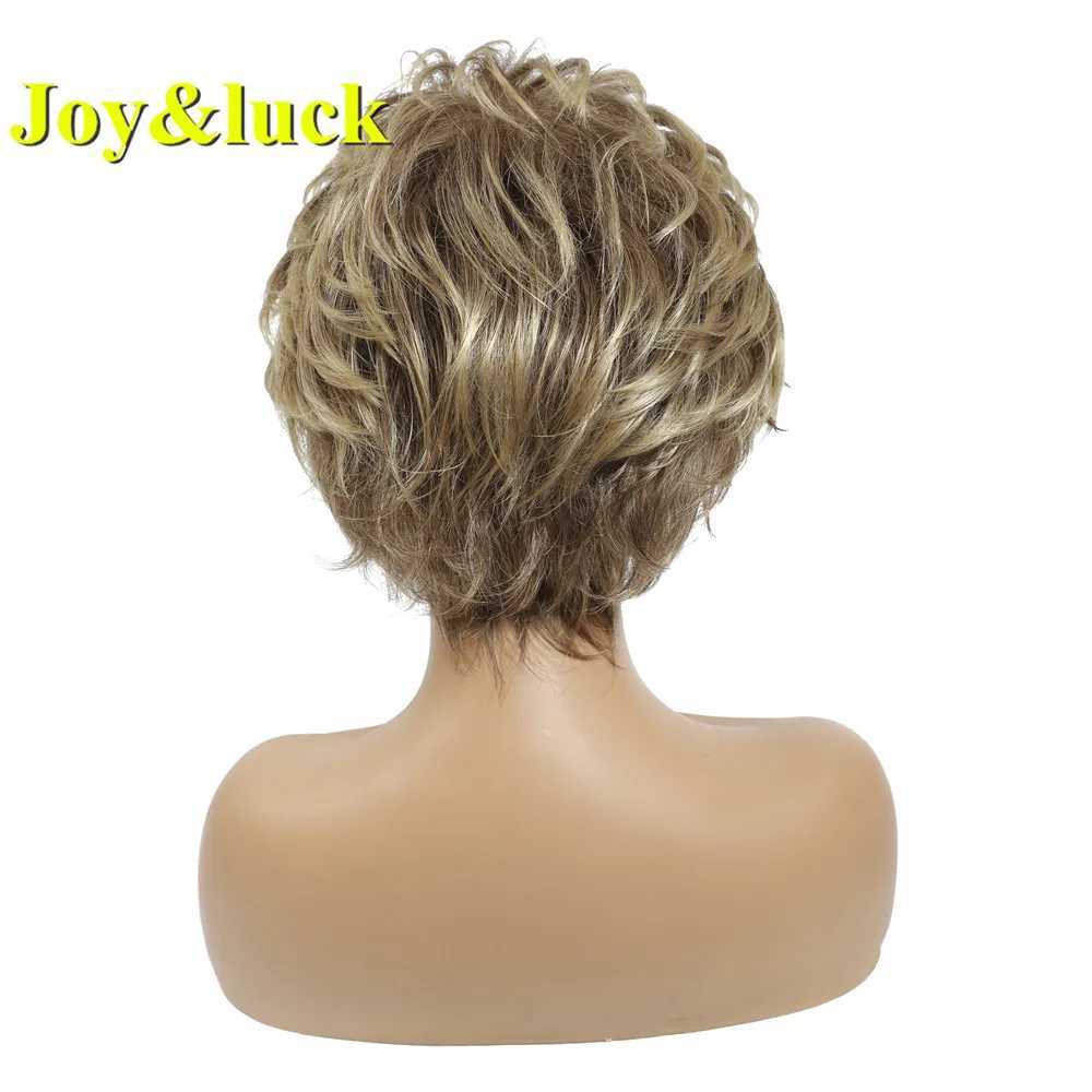 Synthetische pruiken Joy Luck Short Wig Brown Blend Golden Curly Synthetic geschikt voor vrouwen met een pony HiAr Q240427