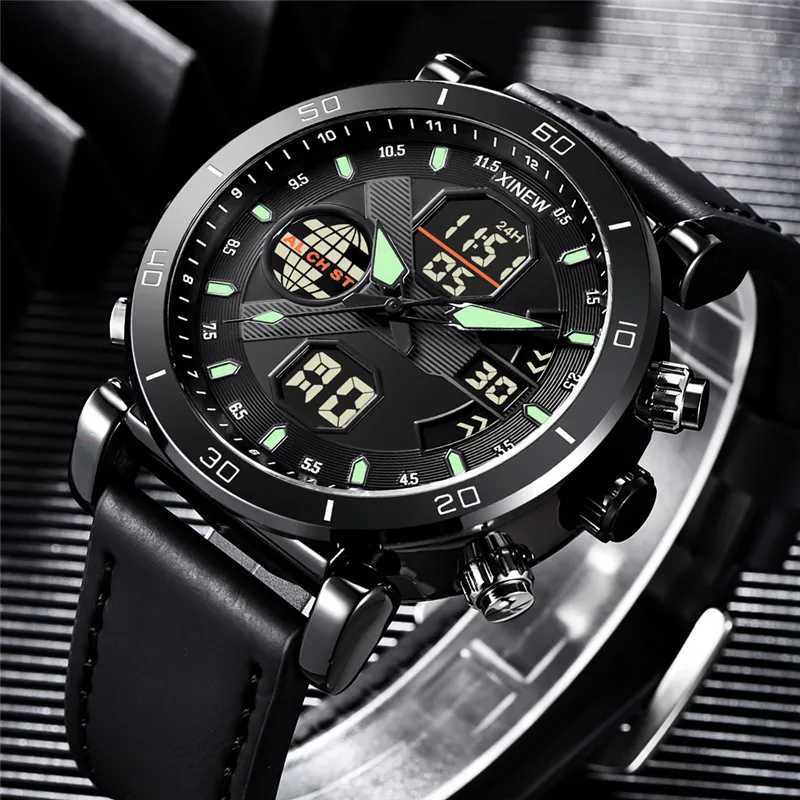Wristwatches Men Genuine XINEW Brand Dual Time Digital es Fashion Leather Band Multi-function Military Sports Chronograph Vintage Q240426