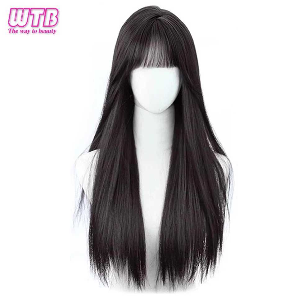 Perruques synthétiques wtb synthétique 65cm coréen longue perruque de cheveux raide naturel avec frange Q240427