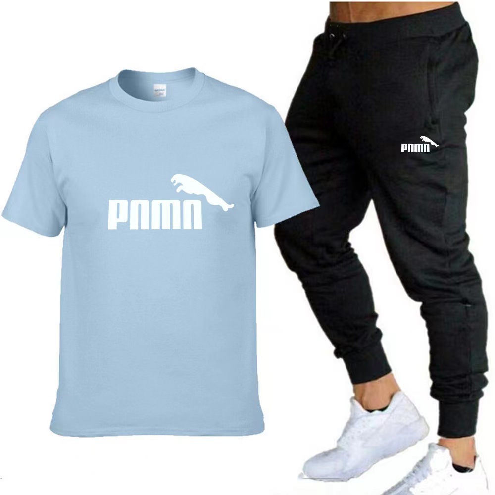 2024 Summer transgraniczny trend męski stały kolor prosty garnitur Crewneck Casual T-shirt + cienkie spodnie swobodny dwuczęściowy zestaw