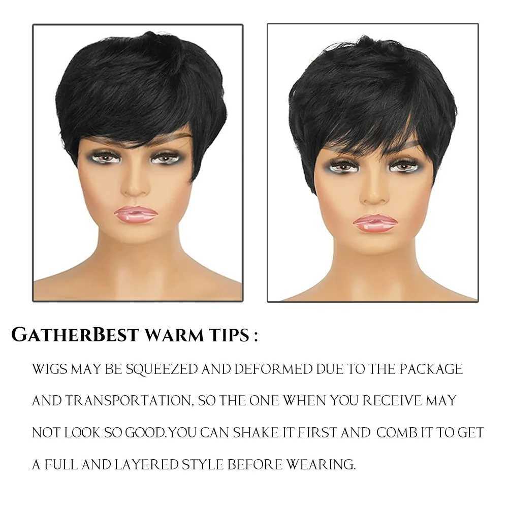 Synthetic Wigs Short human hair wig Pixie Cut straight perque bresillierne black womens machine made with bangs cheap adhesive free Q240427