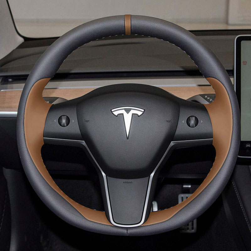 Tesla Modle3 Modley 2019-2023 Car Interior DIY Hand-Stitched Red Red Ungine LeatherNonslip Car Steering Wheelカバーに100％フィット