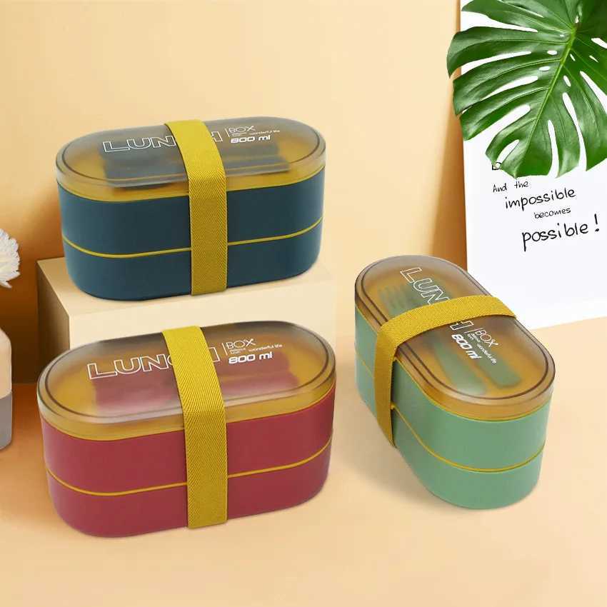 Bento Boxen Neue Doppelschichtgesunde Material Lunchbox mit Gabel- und Löffel Mikrowellen-Besteck Set Food Storage Container Q240427