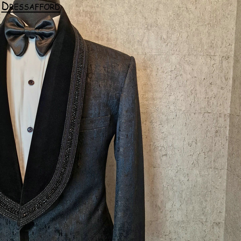 Uomini perle perle neri si adattano a due pezzi Jacquard Weave Evening Blazer Groom Wear giacca + pantaloni