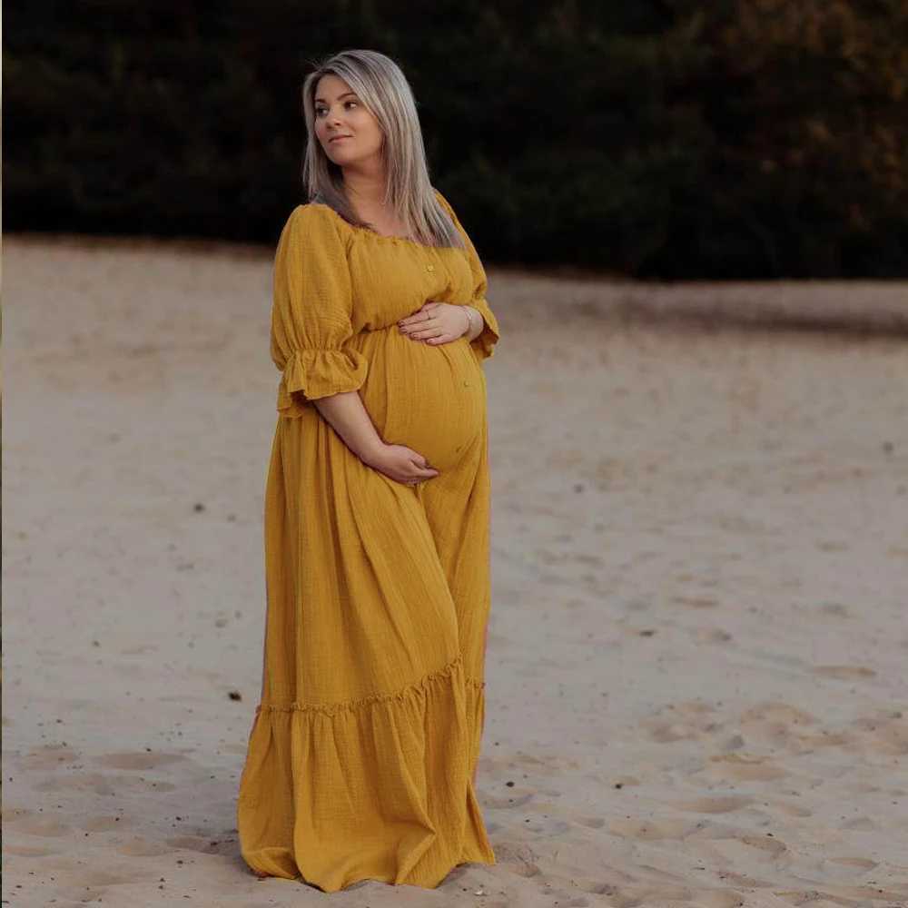 Maternity Dresses Photo shoot clothing for pregnant women soft skin friendly linen bohemian style baby shower dress Q240427