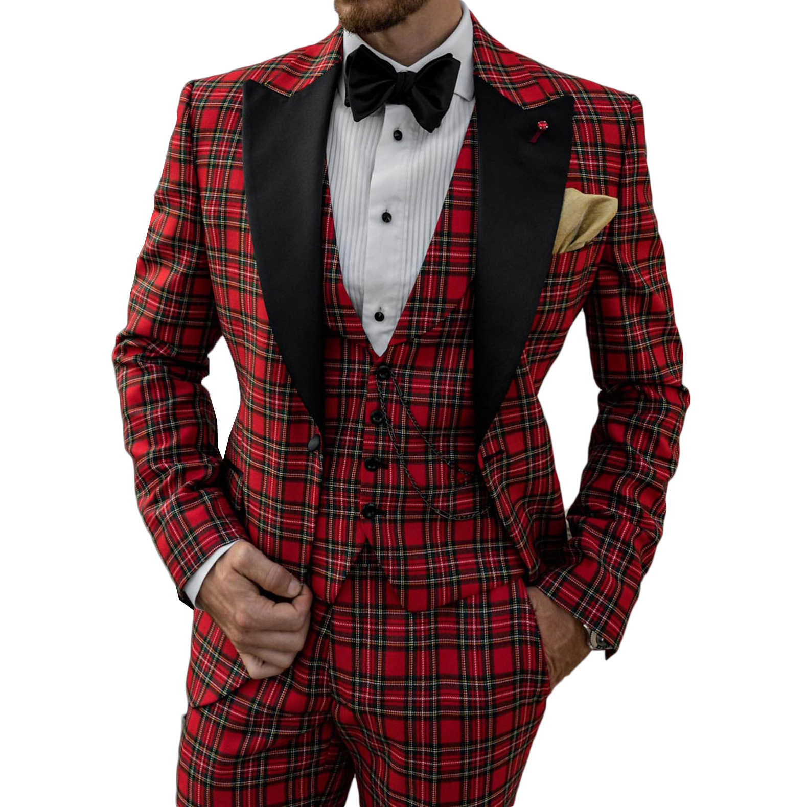 Wedding Tuxedos Checkered Blazer Peaked Lapel Single Breasted Vest Pockets Customize Coat Vest Pants Fashion Prom Party Occasions Tailored Exquisite