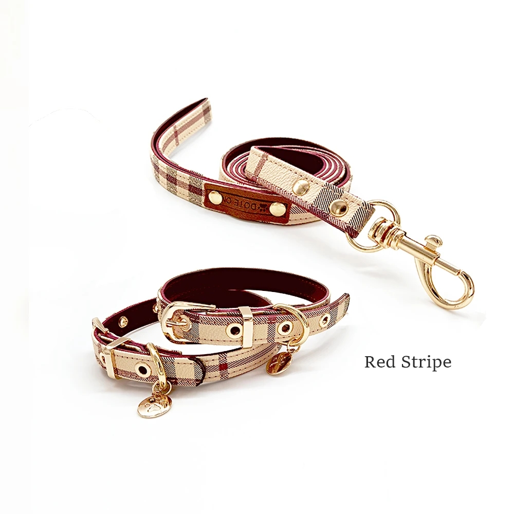 Designer Pet Collar and Leash Set Fashion Adjustable Leather Classic Plaid Collars for Dogs Pet Supplies No Pull Dog Harness for Small Dogs Cats Gift for Dog S B36