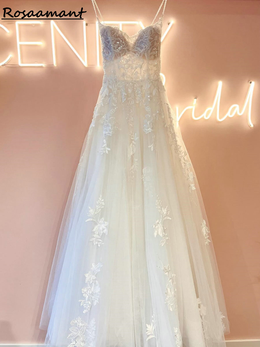 Vera immagine illusione spaghetti cinghie abiti da sposa a-line appliques passi in pizzo perdono abiti da sposa Robe de mariee