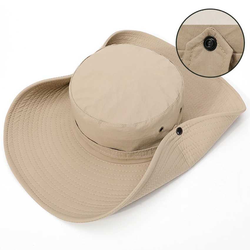 Secchio di cappelli larghi 2024 Nuova cappello da combattimento estivo da cowboy da cowboy da pesca all'aperto escursionismo in maglia bordo del sole protezione UV traspirante Q240427
