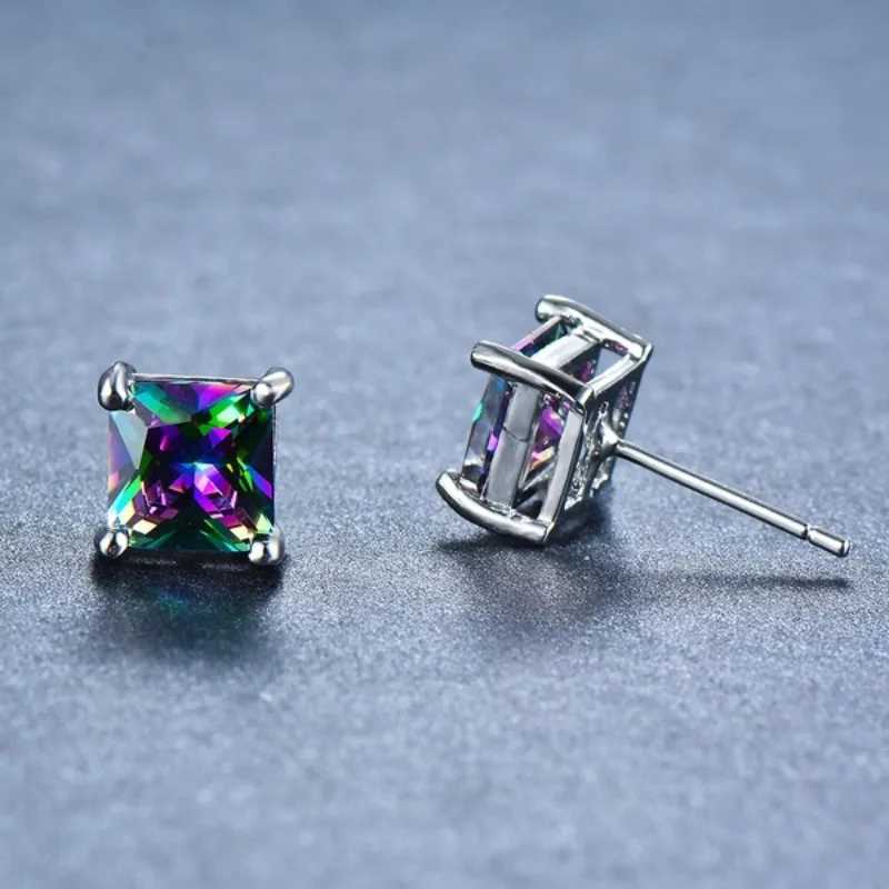 Stud Minimalism 5/6/8MM Rainbow CZ Stone Sqaure Stud Earrings for Women Dainty Silver Color Stackable Ear Bone Studs Girls Jewelry d240426