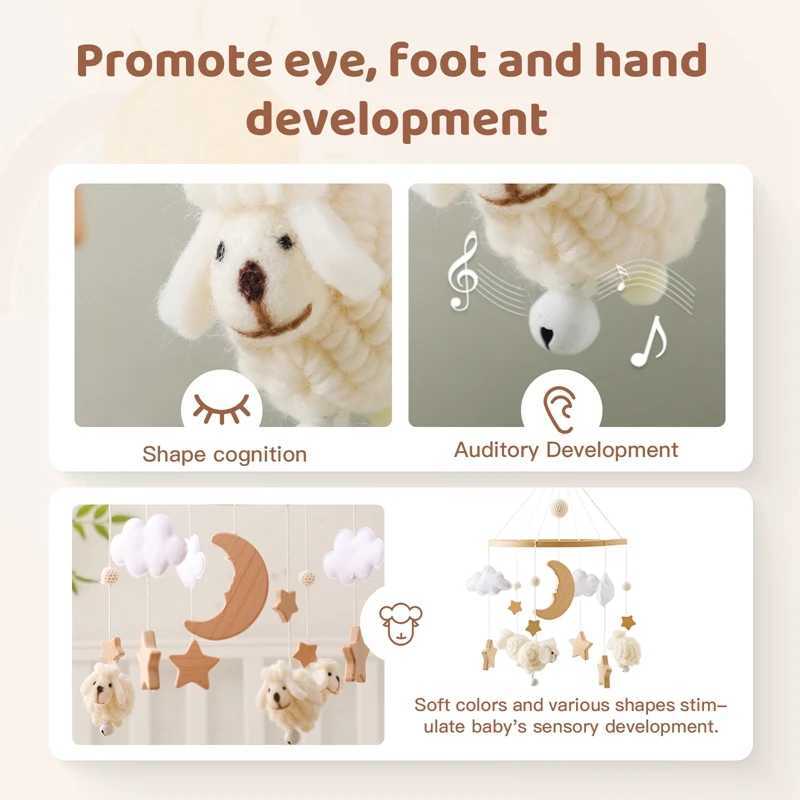 Mobiles # Wooden Baby Rattle Mobile 0-12mmonth Soft Felt Cartoon Sheep Star Moon Newborn Music Beld Hanging Bell Mobile Crib Bracket Toy D240426