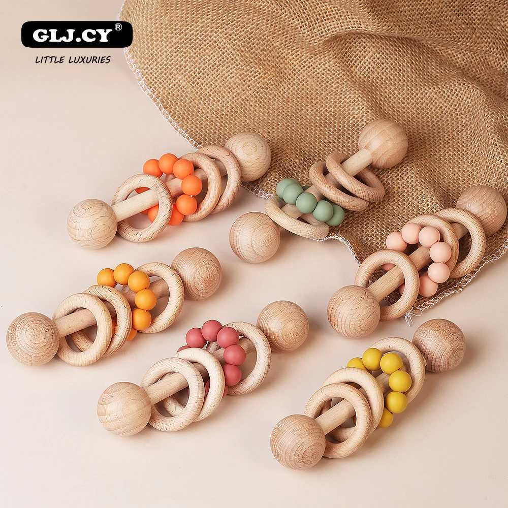 Mobiler# Baby Toys Beech Wood Rattle Handklockor Toys Of Newbron Montessori Educational Toys Mobile Rattle Wood Ring Baby Products D240426