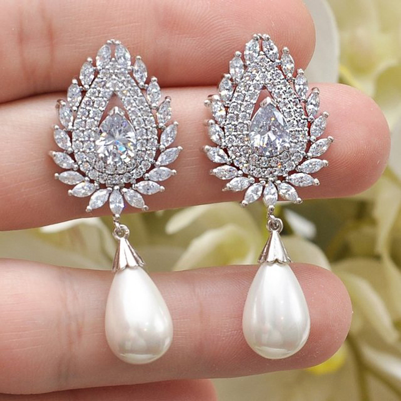 2024 Sparkling Dangle Earrings Luxury Jewelry 925 Sterling Silver Water Drop 5A Cubic Zircon CZ Diamond Lab Pearl Party Women Wedding Rich Earring For Mother Gift