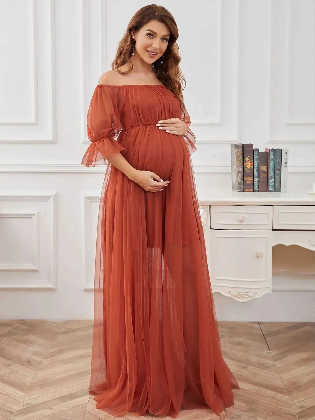 Maternity Dresses Elegant Pregnant Women Photoshots Long Dress Solid Shoulder Evening Party Bride Q240427